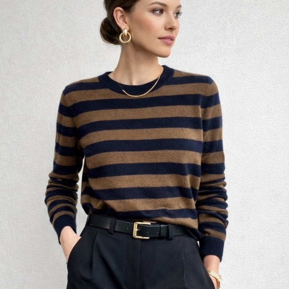 Vince Regiment Cashmere Striped Brown Navy Crewneck Longsleeve Sweater XS (2)
